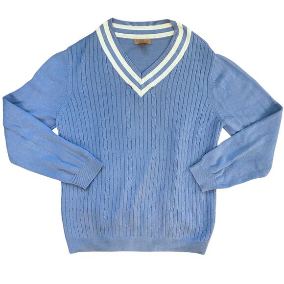 Preppy Blue Tennis Sweater Cable Knit V-Neck Varsity Fisherman Academia L - Picture 1 of 7